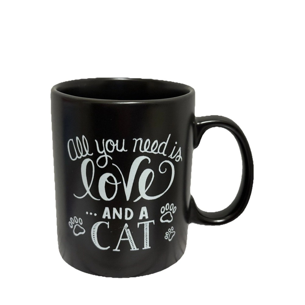 Pottery by Kathy Black Coffee Tea Mug "All You Need is Love and a Cat"